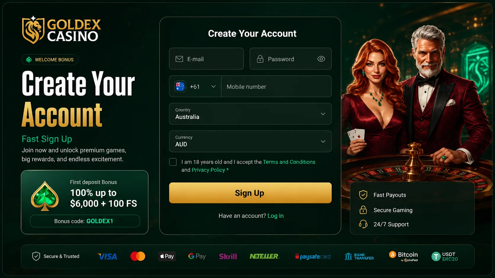 Goldex Casino create account form and welcome bonus panel