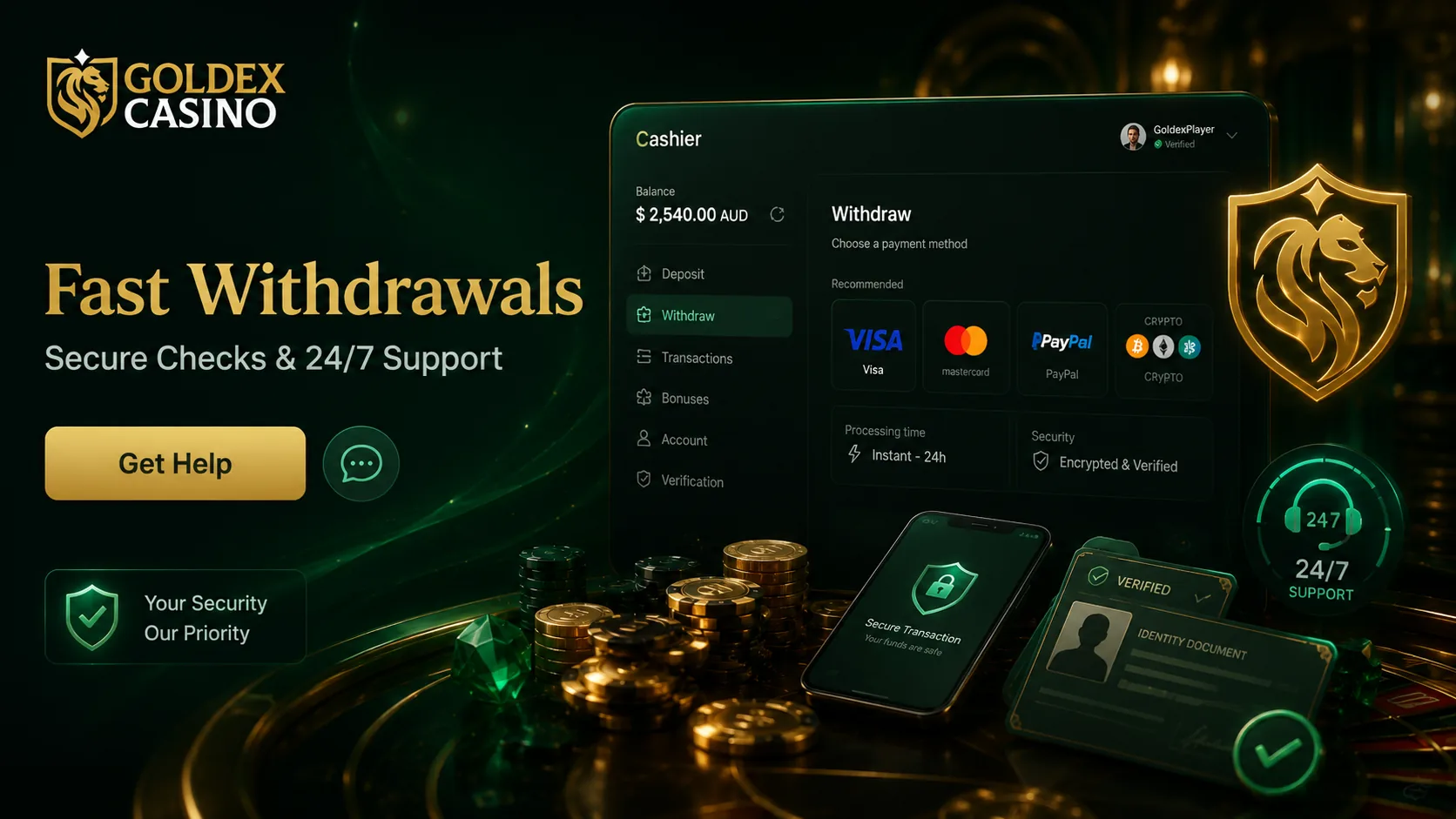 Goldex Casino fast withdrawals and cashier screen