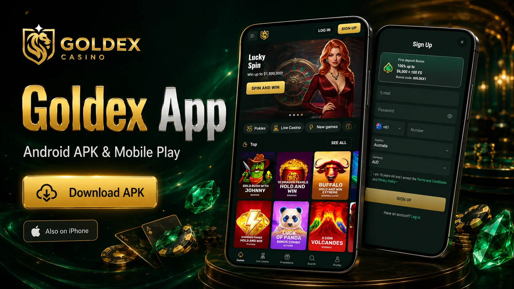 Goldex Casino mobile app and phone screens