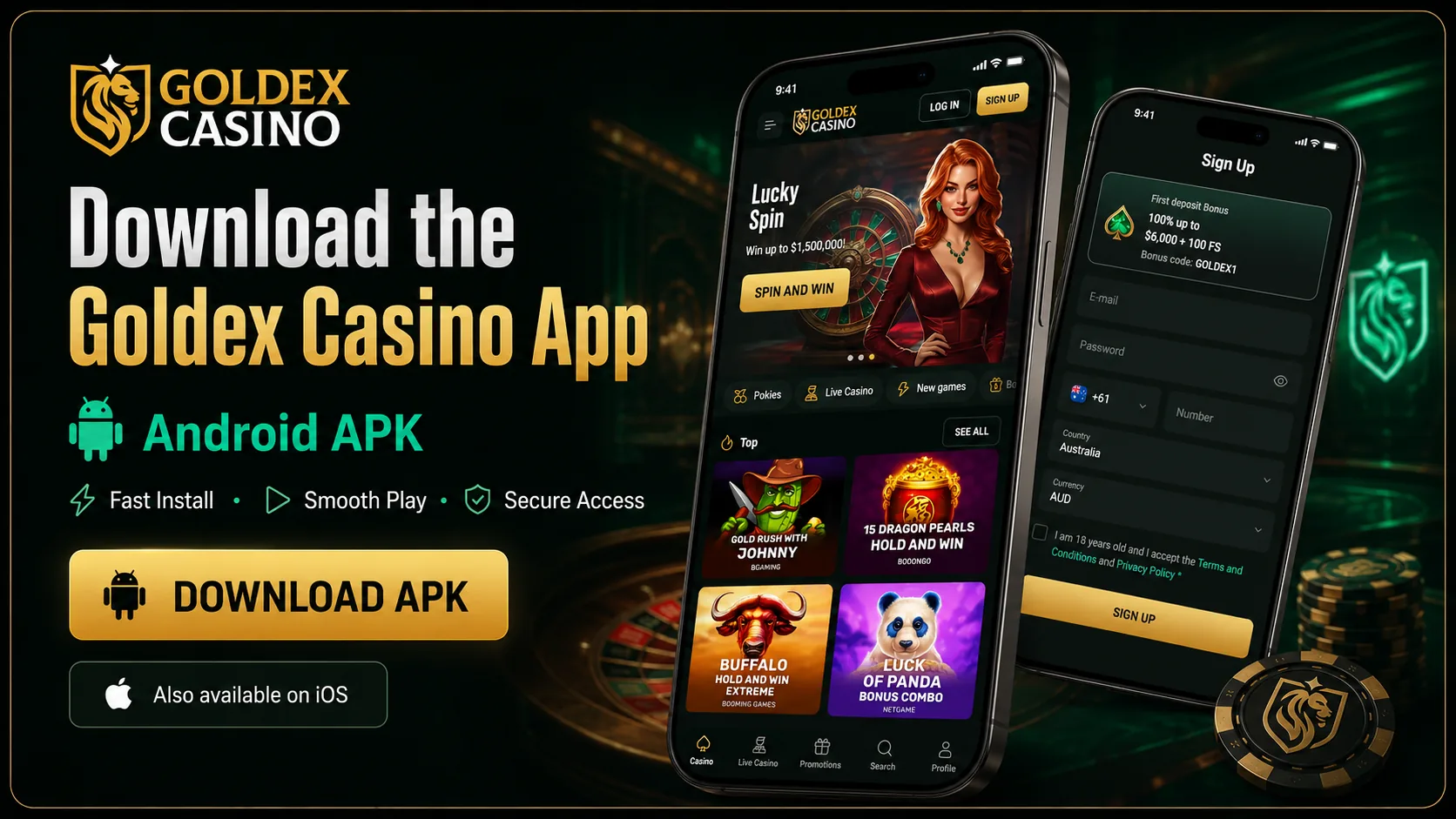 Goldex Casino app download and mobile lobby visual